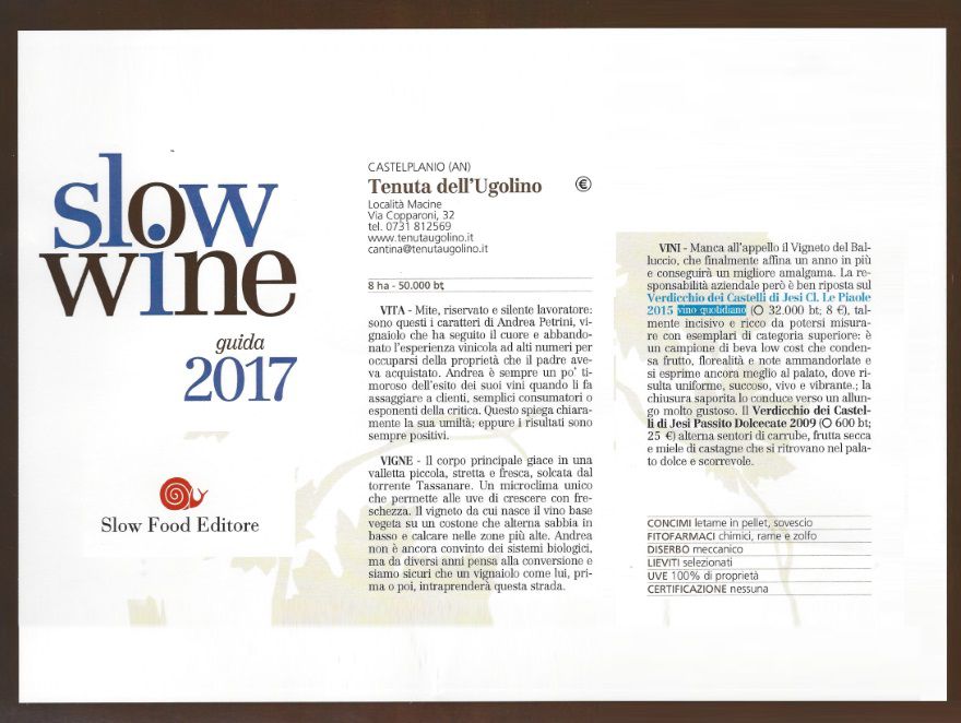 The awards Slow Wine 2017 to Tenuta dell&#039;Ugolino